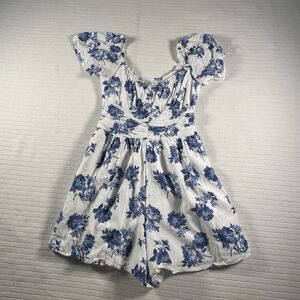 Hollister Women’s Small Floral Romper Blue White Puff Sleeve Fit & Flare